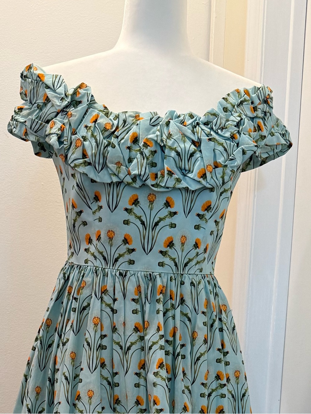 Agua Bendita Sky-Blue Floral Off-Shoulder Maxi Dress with Yellow Blooms